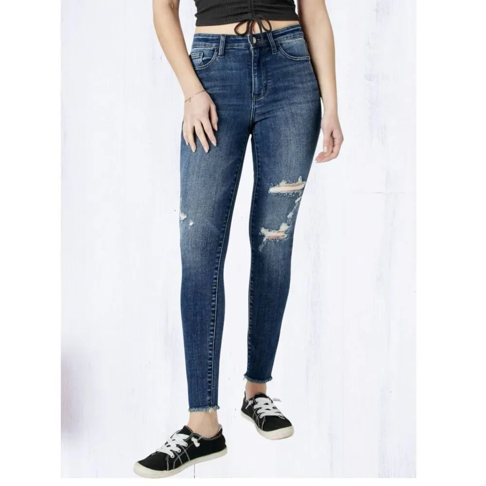 Judy Blue High Rise Skinny Jeans Dark Wash Distressed Stretch Denim Raw Hem NEW